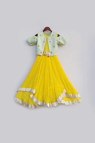 Yellow Georgette Sequins Work Anarkali With pista green Jacket For Girls by Fayon Kids