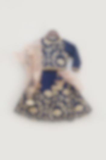 Blue Embroidered Lehenga Set For Girls by Fayon Kids