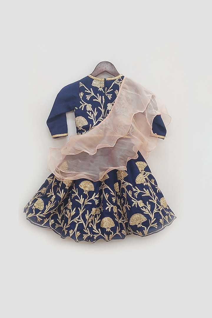 Dark Blue Modal Silk Gota Embroidered Lehenga Set For Girls by Fayon Kids at Pernia's Pop Up Shop