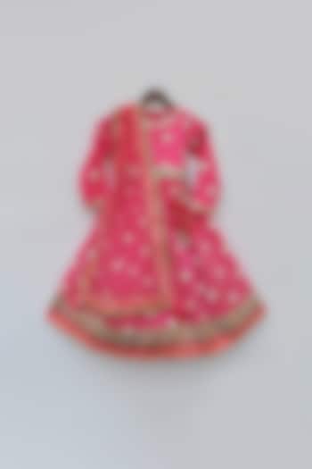 Hot Pink Embroidered Anarkali Set For Girls by Fayon Kids
