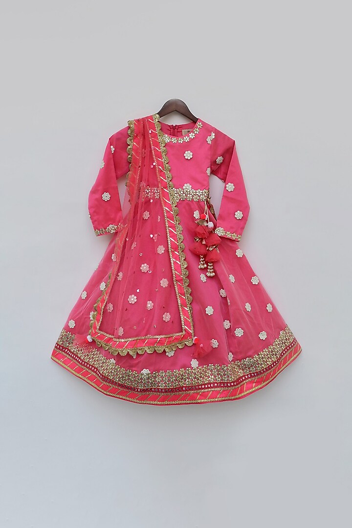 Hot Pink Embroidered Anarkali Set For Girls by Fayon Kids