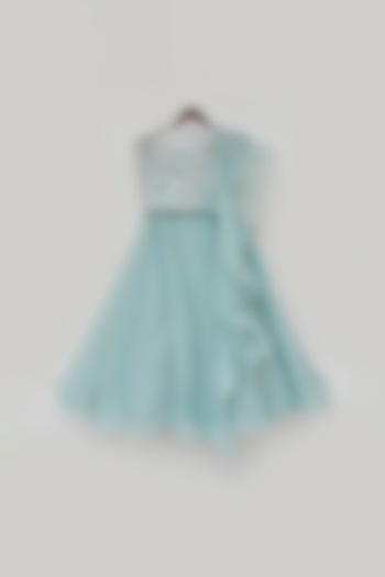 Dusty Blue & Silver Embroidered Lehenga Set For Girls by Fayon Kids