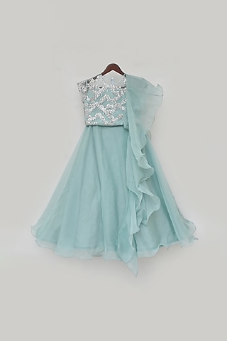 Dusty Blue & Silver Embroidered Lehenga Set For Girls by Fayon Kids
