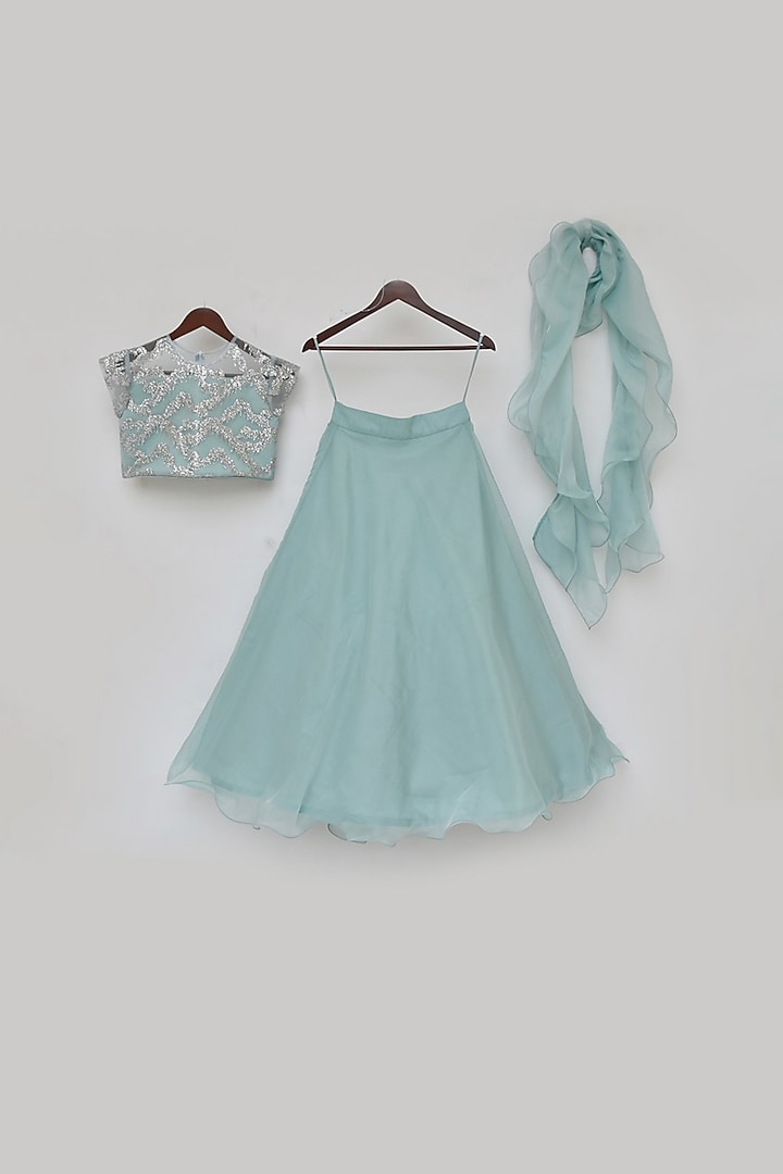 Dusty Blue & Silver Embroidered Lehenga Set For Girls by Fayon Kids at Pernia's Pop Up Shop