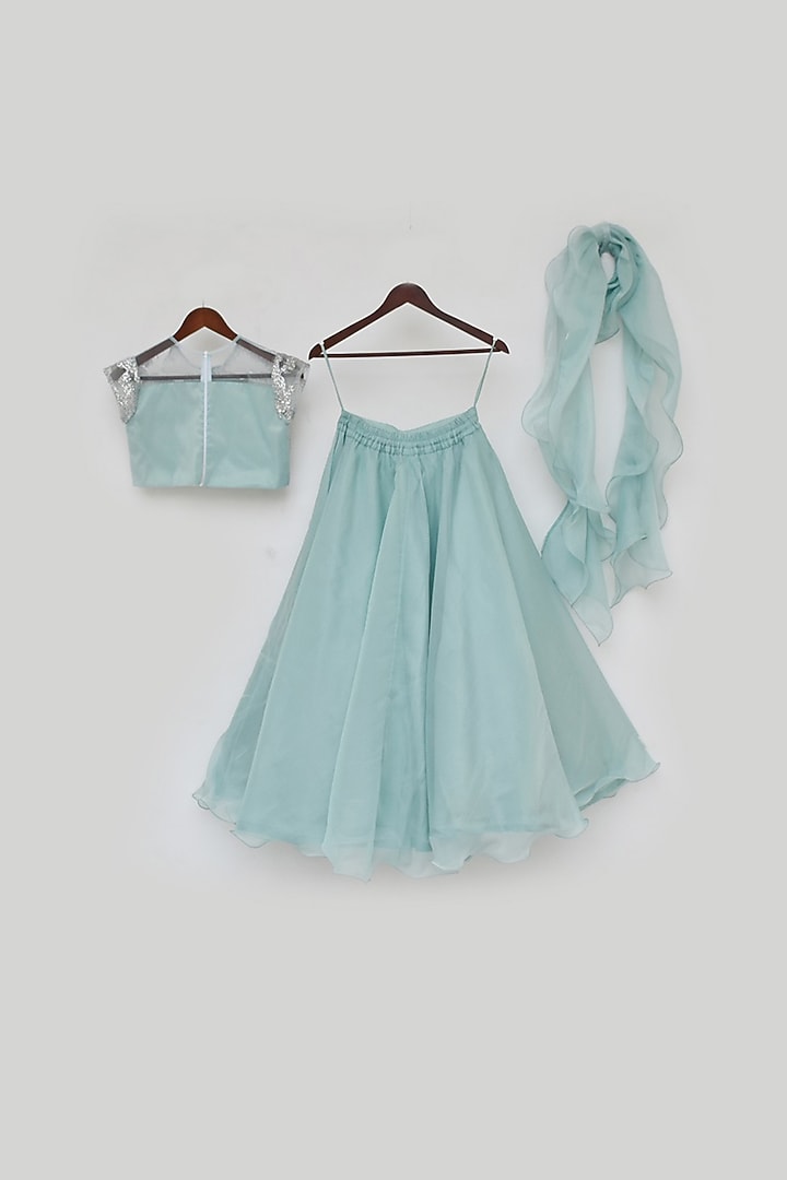 Dusty Blue & Silver Embroidered Lehenga Set For Girls by Fayon Kids at Pernia's Pop Up Shop