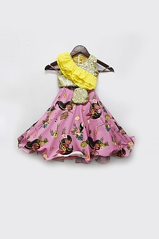 Purple & Yellow Embroidered Lehenga Set With Pouch For Girls by Fayon Kids