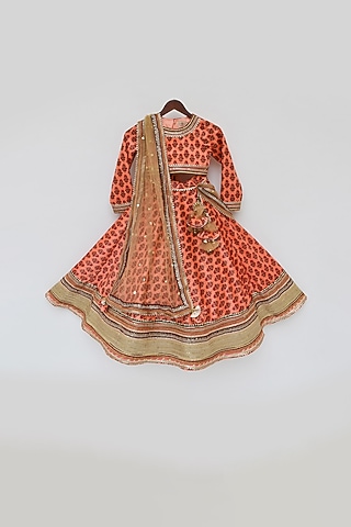 Orange Printed Lehenga Set For Girls by Fayon Kids