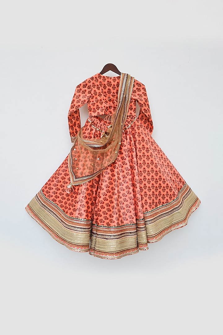 Orange Printed Lehenga Set For Girls by Fayon Kids at Pernia's Pop Up Shop