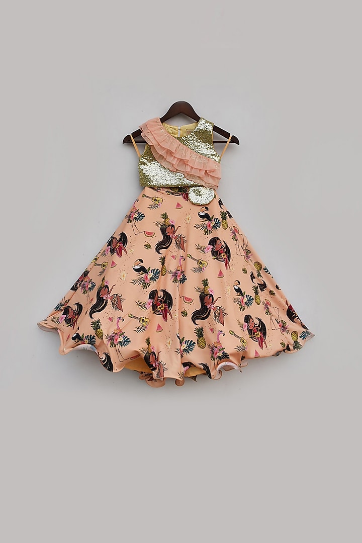 Peach Embroidered & Printed Lehenga Set With Pouch For Girls by Fayon Kids