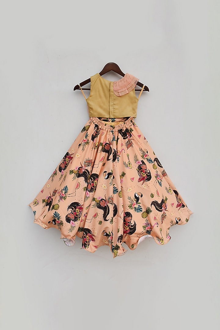 Peach Embroidered & Printed Lehenga Set With Pouch For Girls by Fayon Kids at Pernia's Pop Up Shop