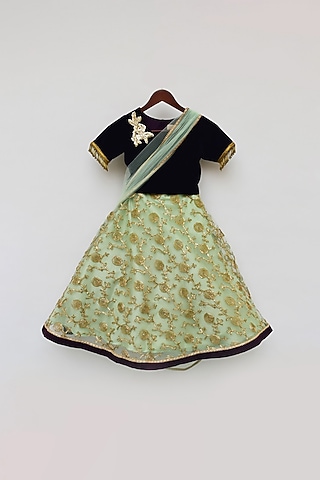 Purple & Mint Green Embroidered Lehenga Set For Girls by Fayon Kids