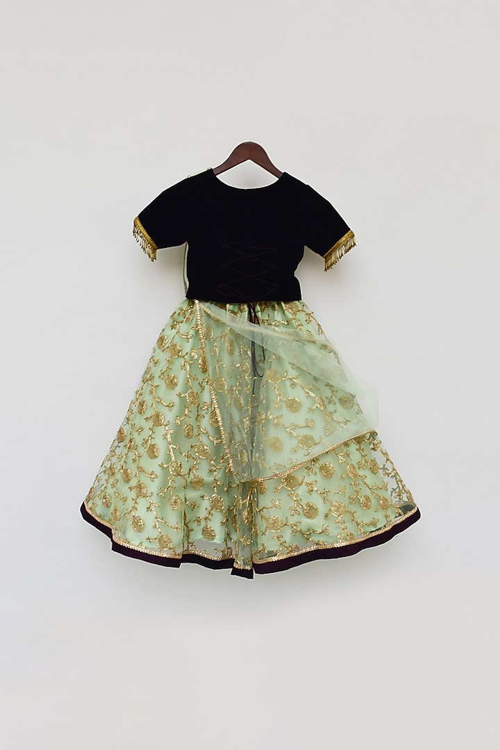 Purple & Mint Green Embroidered Lehenga Set For Girls by Fayon Kids at Pernia's Pop Up Shop