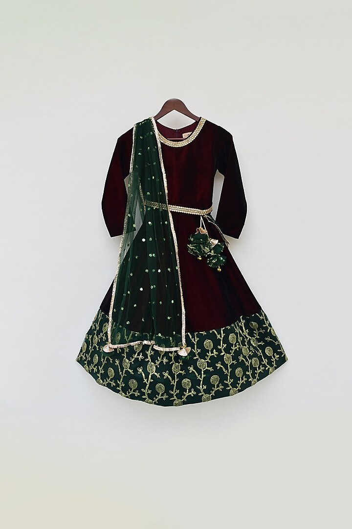 Maroon & Green Embroidered Anarkali Set For Girls by Fayon Kids