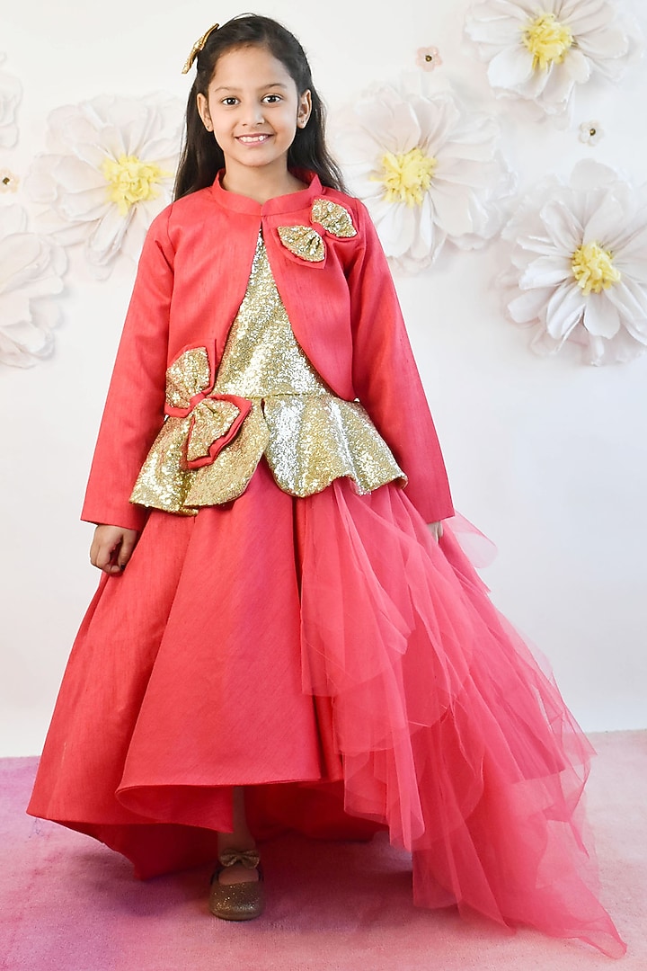 Coral Pink Net & Silk Embroidered Jacket Gown For Girls by Fayon Kids at Pernia's Pop Up Shop