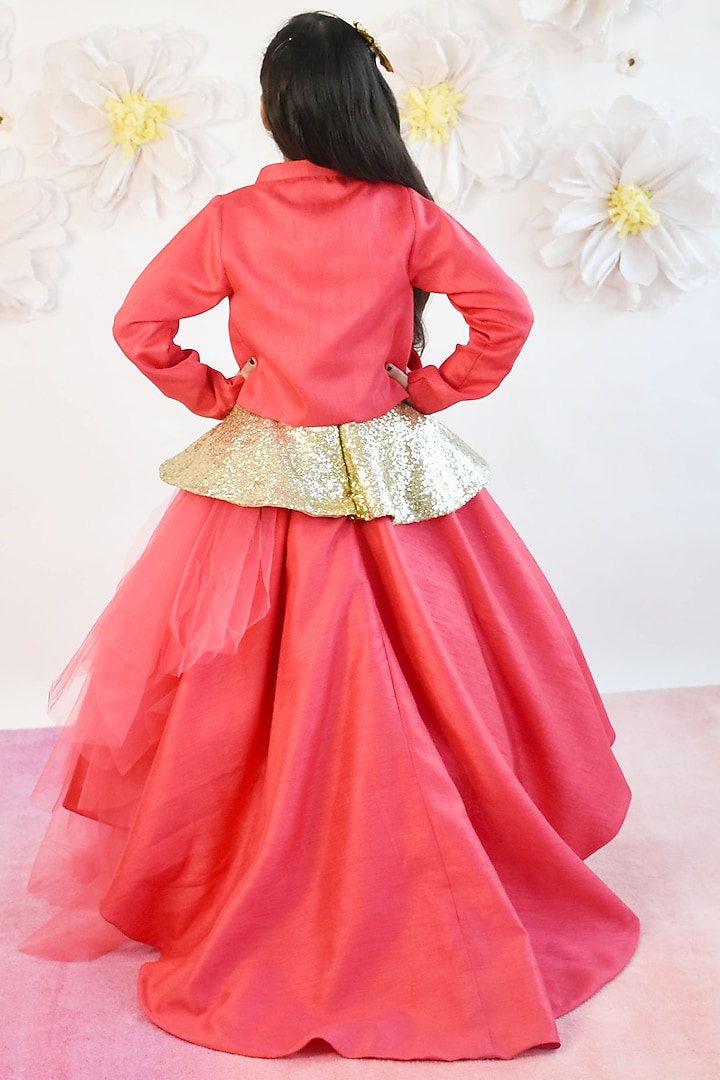 Coral Pink Net & Silk Embroidered Jacket Gown For Girls by Fayon Kids at Pernia's Pop Up Shop