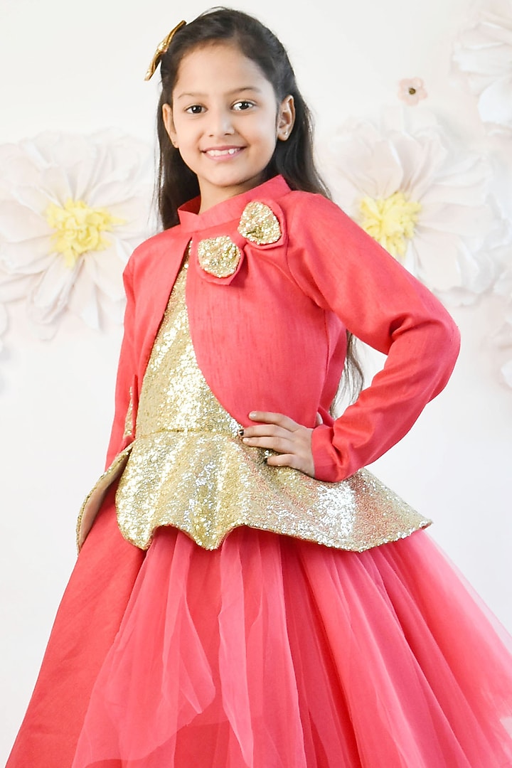 Coral Pink Net & Silk Embroidered Jacket Gown For Girls by Fayon Kids at Pernia's Pop Up Shop