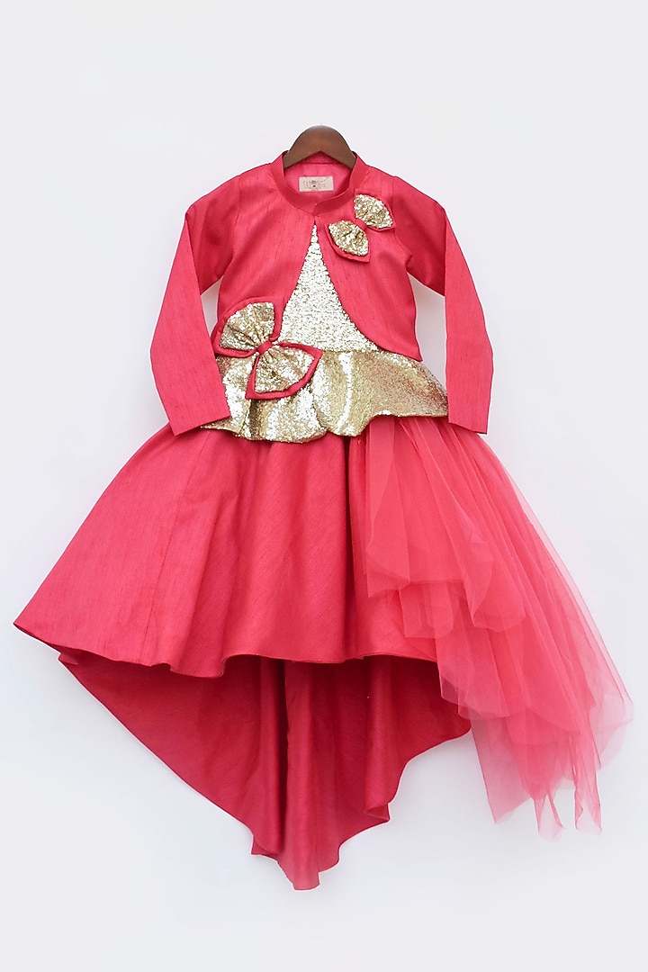 Coral Pink Net & Silk Embroidered Jacket Gown For Girls by Fayon Kids at Pernia's Pop Up Shop