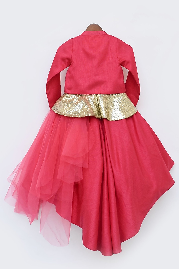 Coral Pink Net & Silk Embroidered Jacket Gown For Girls by Fayon Kids at Pernia's Pop Up Shop