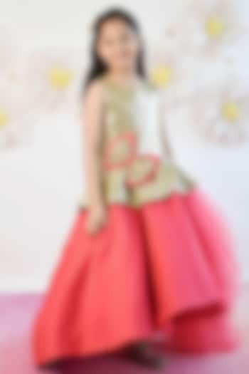 Coral Pink Net & Silk Embroidered Gown For Girls by Fayon Kids at Pernia's Pop Up Shop