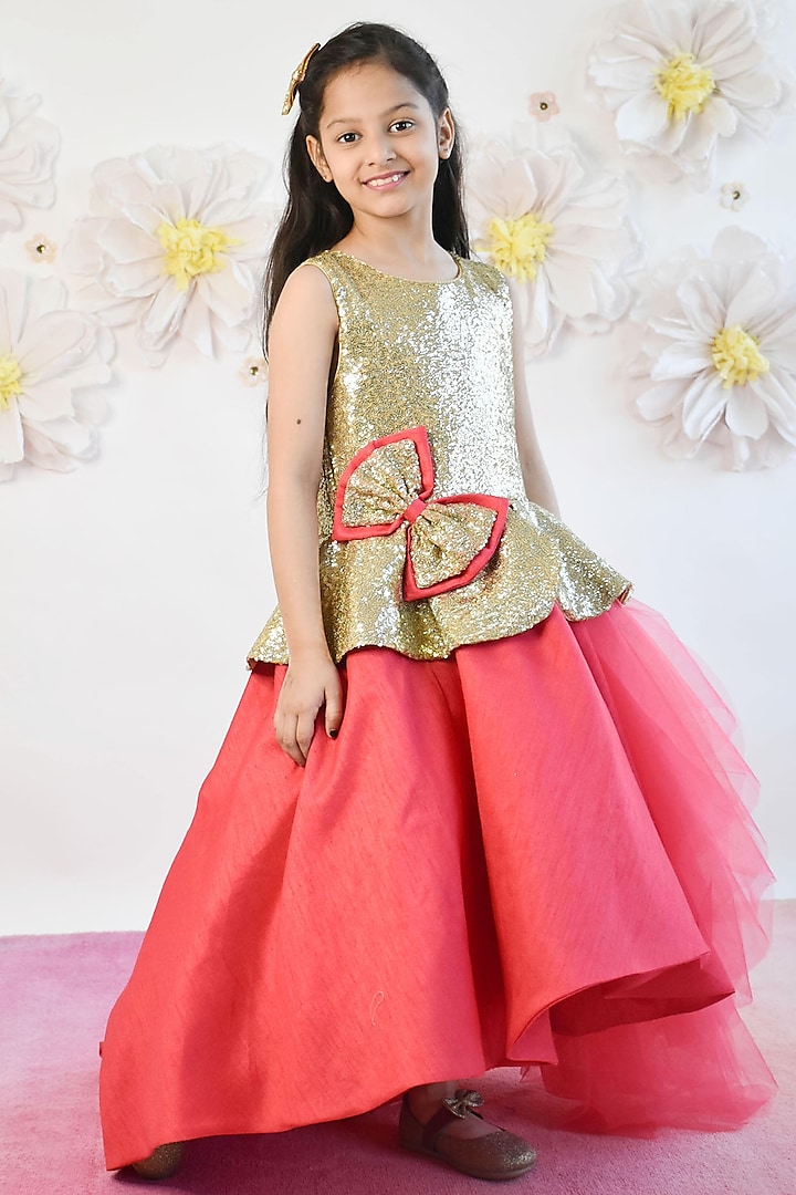 Coral Pink Net & Silk Embroidered Gown For Girls by Fayon Kids at Pernia's Pop Up Shop