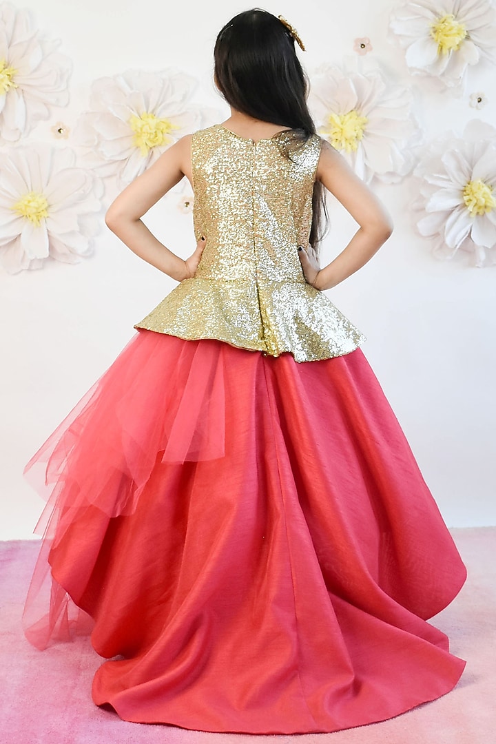 Coral Pink Net & Silk Embroidered Gown For Girls by Fayon Kids at Pernia's Pop Up Shop