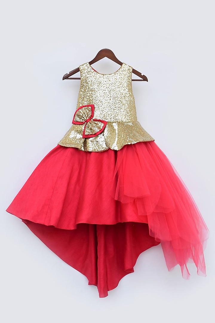 Coral Pink Net & Silk Embroidered Gown For Girls by Fayon Kids at Pernia's Pop Up Shop