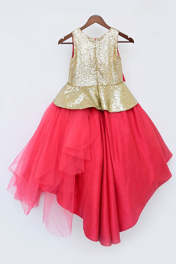 Coral Pink Net & Silk Embroidered Gown For Girls by Fayon Kids at Pernia's Pop Up Shop
