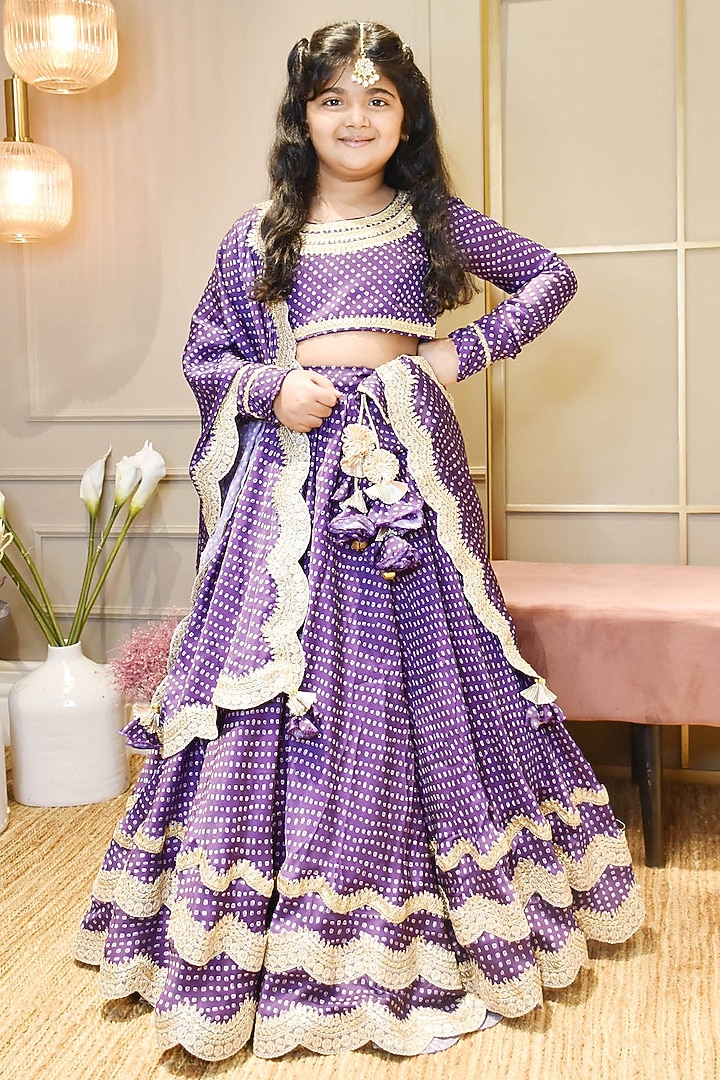 Purple Satin Printed Lehenga Set For Girls by Fayon Kids at Pernia's Pop Up Shop