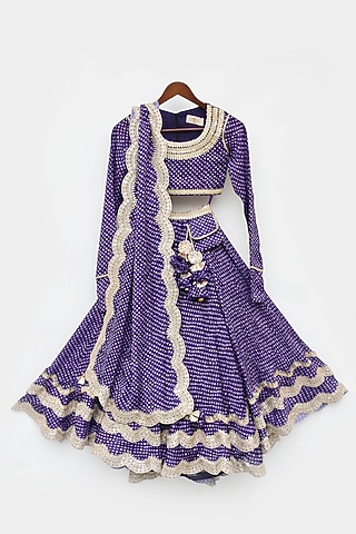 Purple Satin Printed Lehenga Set For Girls by Fayon Kids
