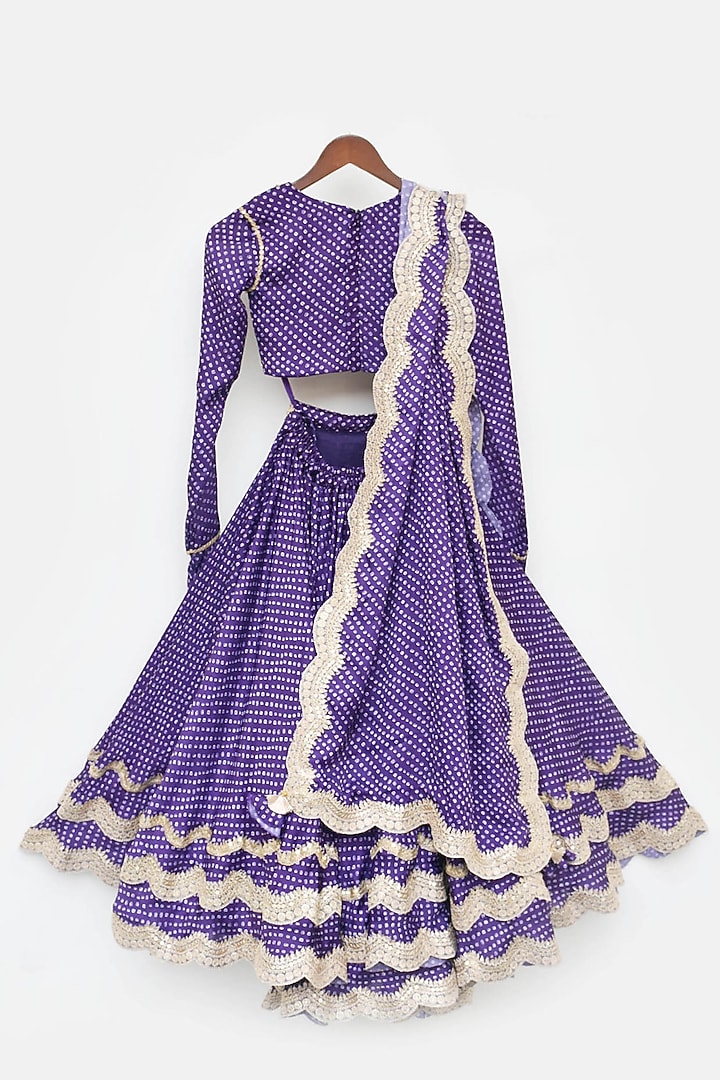 Purple Satin Printed Lehenga Set For Girls by Fayon Kids at Pernia's Pop Up Shop