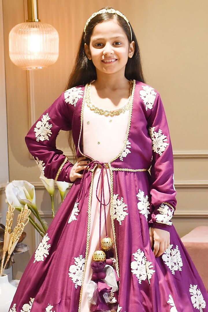 Pink Cotton & Cotton Silk Embroidered Anarkali Set For Girls by Fayon Kids at Pernia's Pop Up Shop