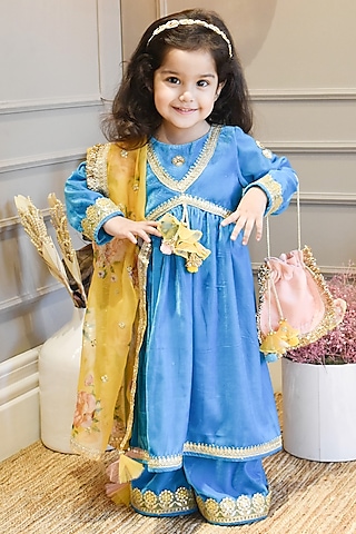 Turquoise Blue Velvet Embroidered Kurta Set For Girls by Fayon Kids