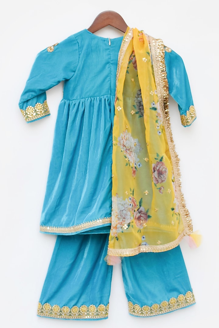 Turquoise Blue Velvet Embroidered Kurta Set For Girls by Fayon Kids at Pernia's Pop Up Shop