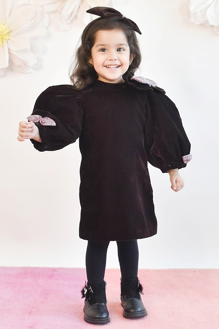 Brown Velvet Dress For Girls by Fayon Kids