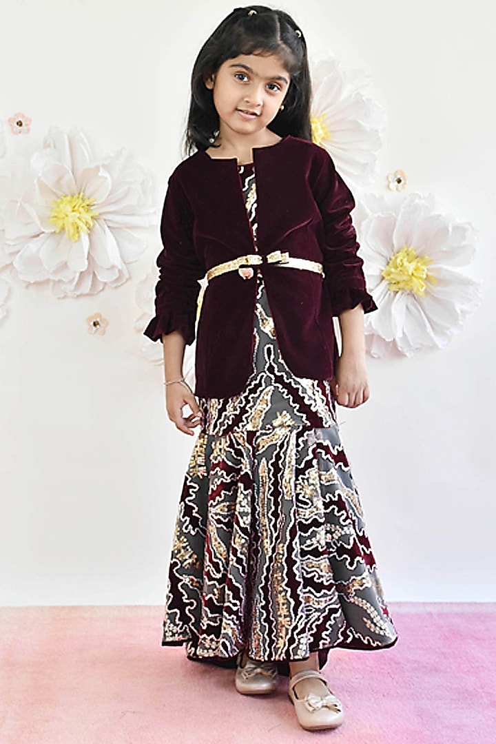 Wine Velvet Embroidered Gown With Jacket For Girls by Fayon Kids at Pernia's Pop Up Shop