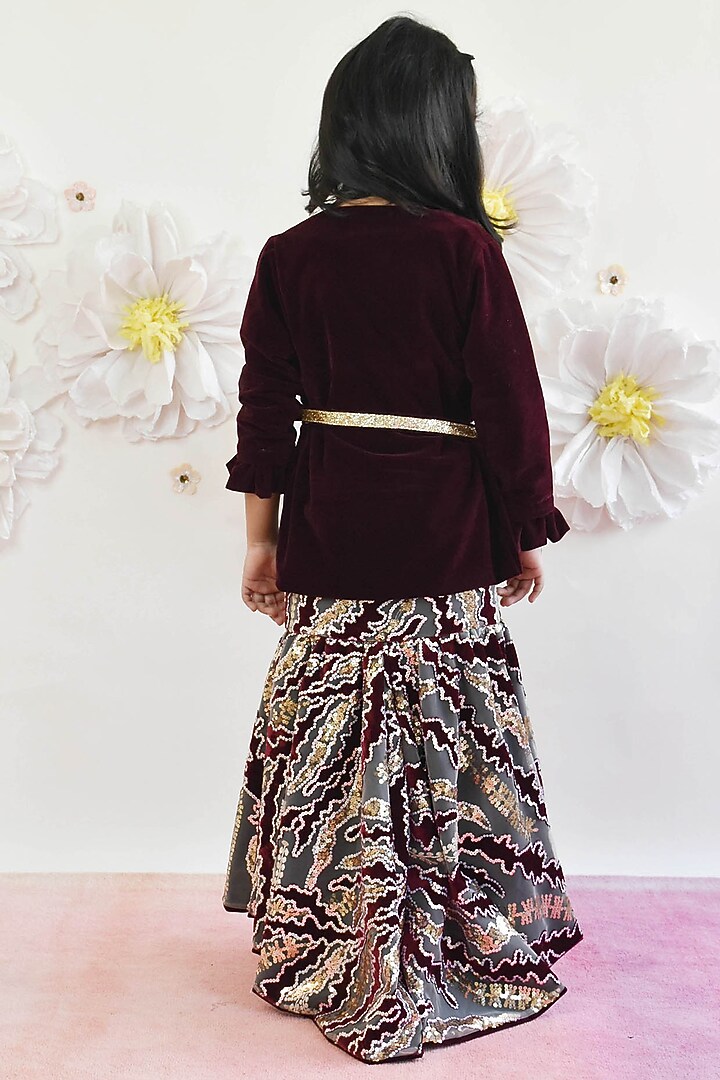 Wine Velvet Embroidered Jacket Dress For Girls by Fayon Kids at Pernia's Pop Up Shop