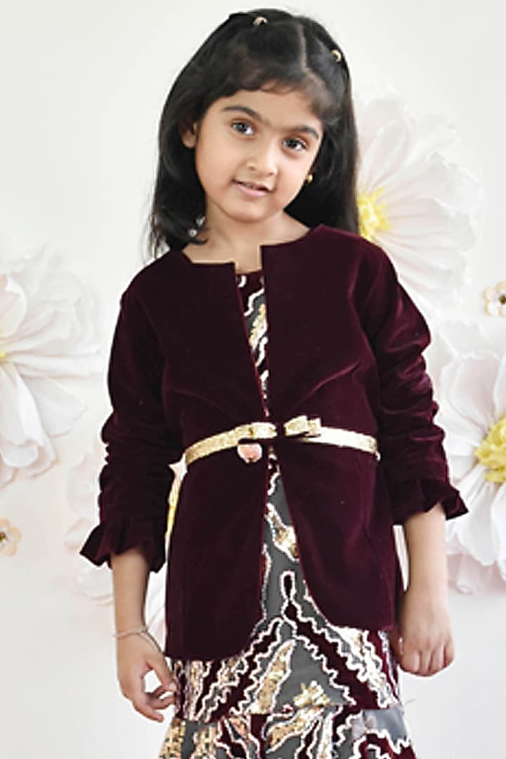 Wine Velvet Embroidered Jacket Dress For Girls by Fayon Kids at Pernia's Pop Up Shop