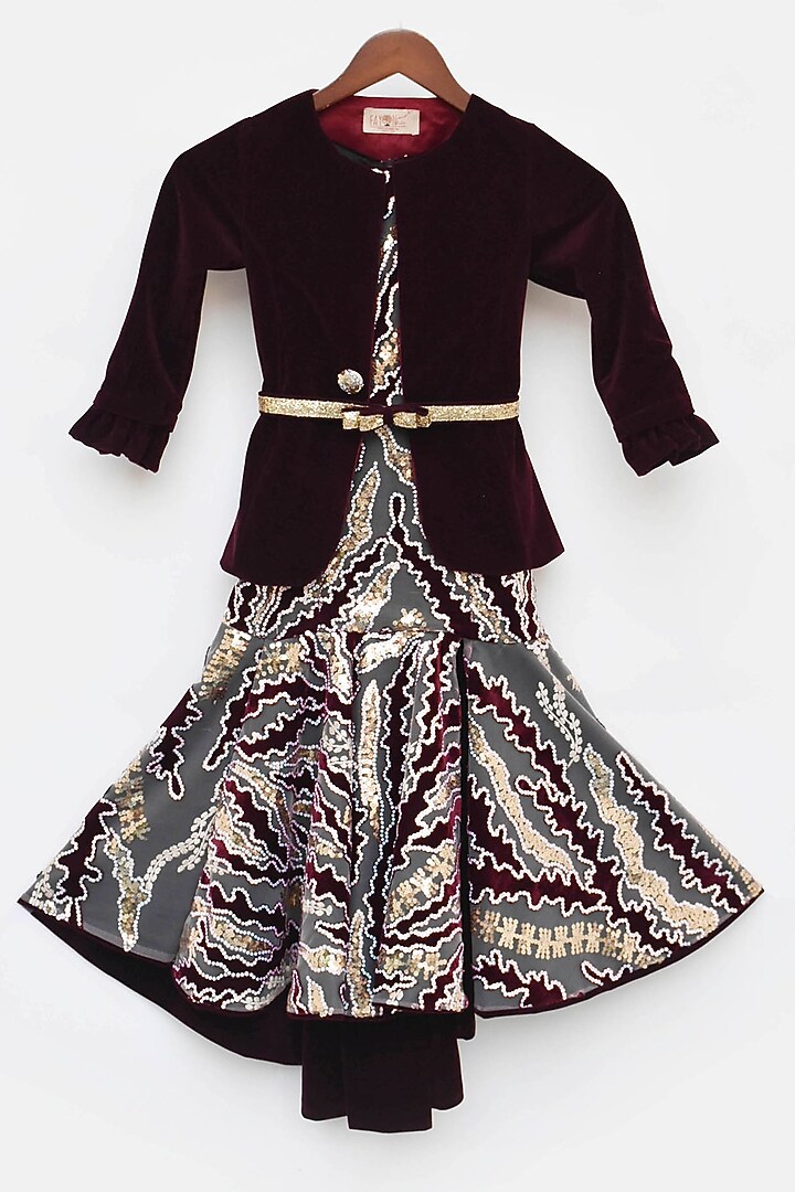 Wine Velvet Embroidered Jacket Dress For Girls by Fayon Kids at Pernia's Pop Up Shop