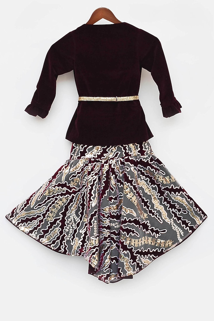 Wine Velvet Embroidered Jacket Dress For Girls by Fayon Kids at Pernia's Pop Up Shop