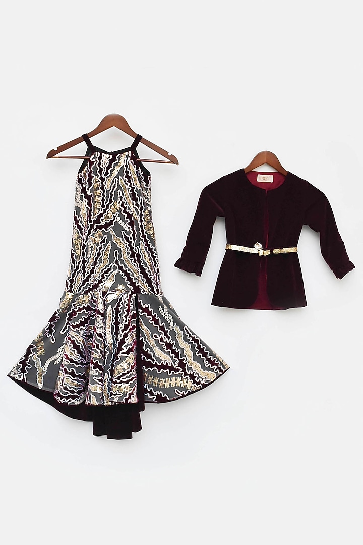 Wine Velvet Embroidered Jacket Dress For Girls by Fayon Kids at Pernia's Pop Up Shop