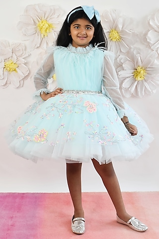 Aqua Blue Net Embroidered Frock Dress For Girls by Fayon Kids
