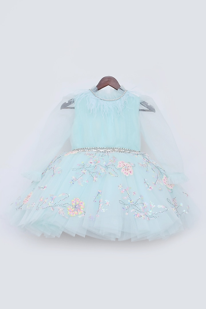 Aqua Blue Net Embroidered Frock Dress For Girls by Fayon Kids at Pernia's Pop Up Shop