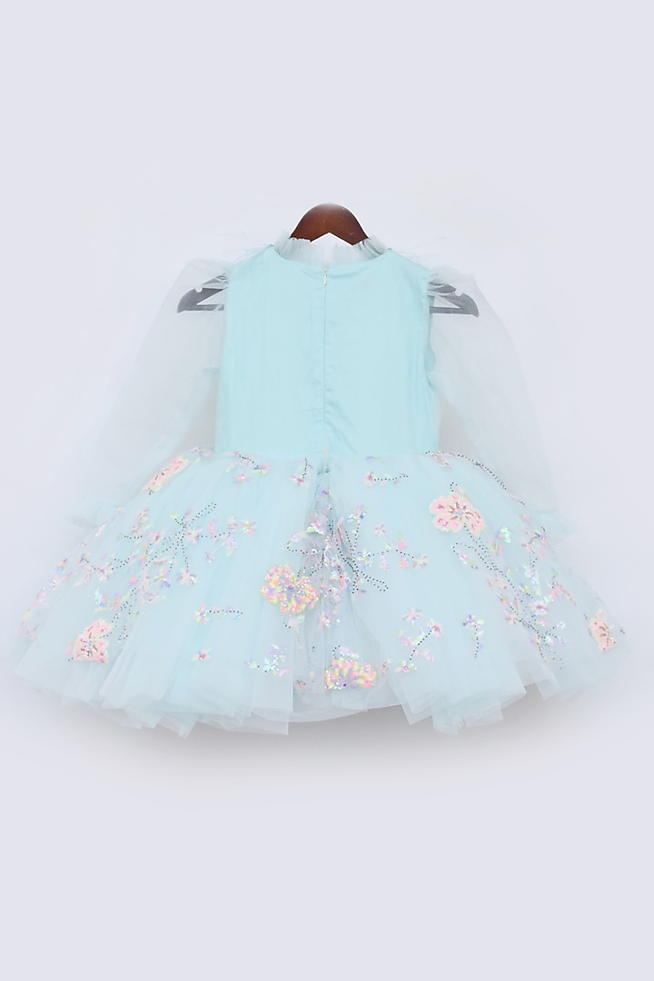 Aqua Blue Net Embroidered Frock Dress For Girls by Fayon Kids at Pernia's Pop Up Shop
