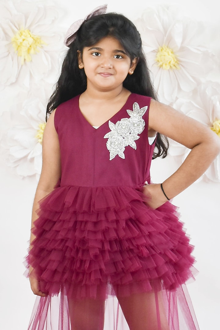 Wine Net Embroidered Gown For Girls by Fayon Kids at Pernia's Pop Up Shop