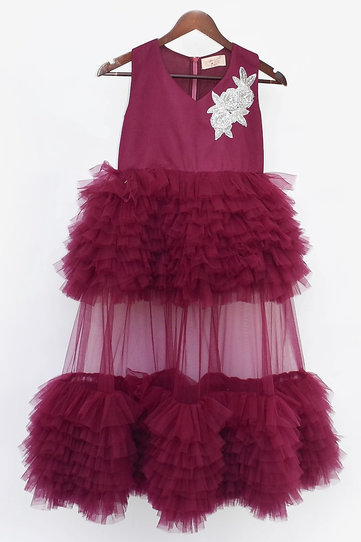 Wine Net Embroidered Gown For Girls by Fayon Kids at Pernia's Pop Up Shop