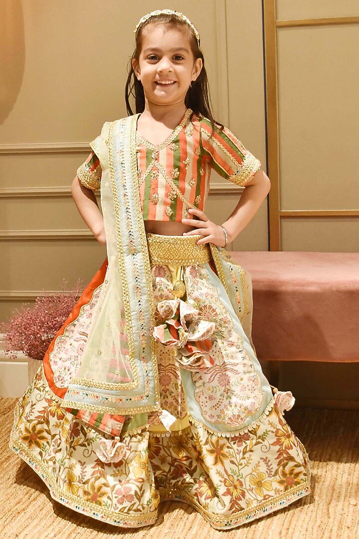 Multi-Colored Silk Printed & Embroidered Lehenga Set For Girls by Fayon Kids at Pernia's Pop Up Shop