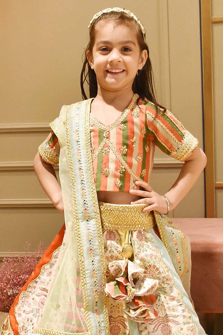 Multi-Colored Silk Printed & Embroidered Lehenga Set For Girls by Fayon Kids at Pernia's Pop Up Shop