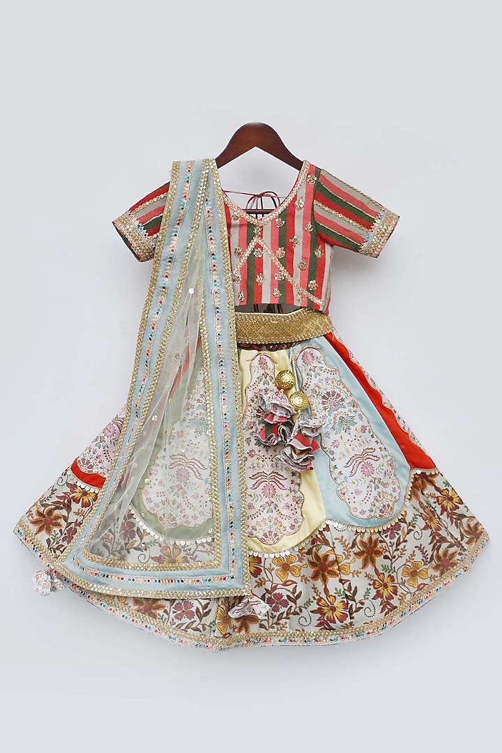 Multi-Colored Silk Printed & Embroidered Lehenga Set For Girls by Fayon Kids at Pernia's Pop Up Shop