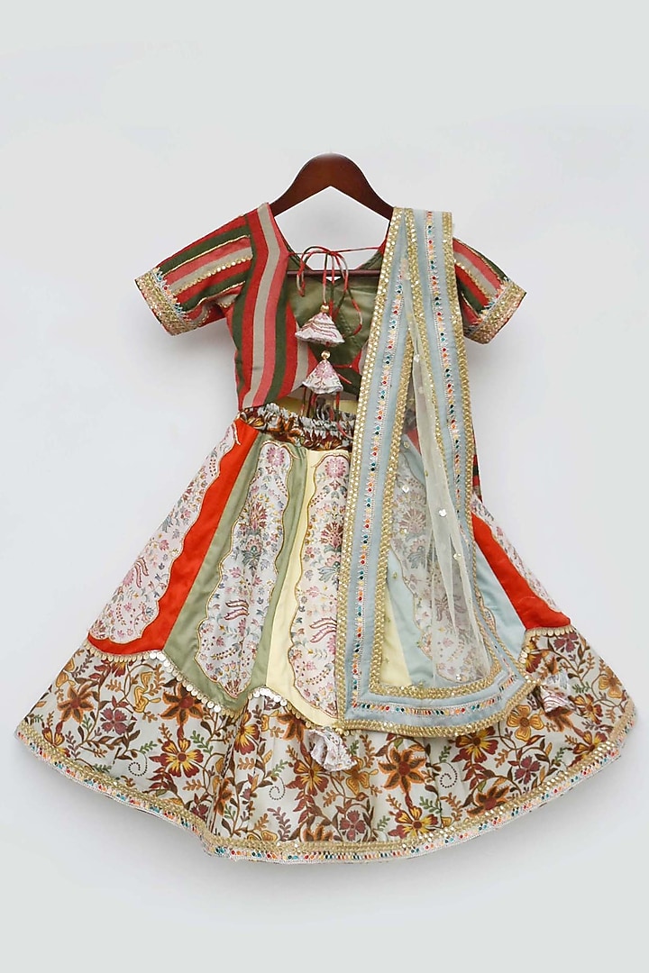 Multi-Colored Silk Printed & Embroidered Lehenga Set For Girls by Fayon Kids at Pernia's Pop Up Shop