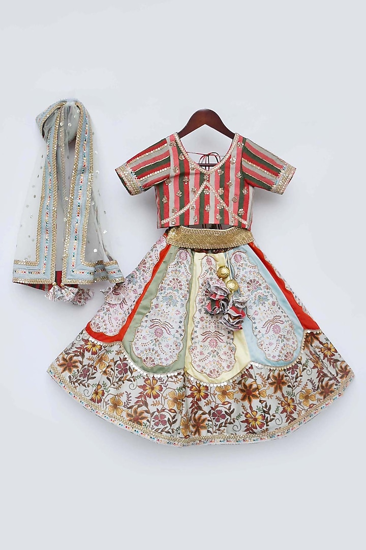 Multi-Colored Silk Printed & Embroidered Lehenga Set For Girls by Fayon Kids at Pernia's Pop Up Shop